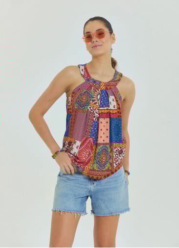 Halter Neck Button Detail Pleated Blue Sleeveless Blouse 4676